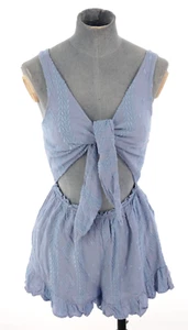 Surf Gypsy Playsuit Romper Cut Out Blue Ruffle Embroidered Bohemian Tie Front M - Picture 1 of 11