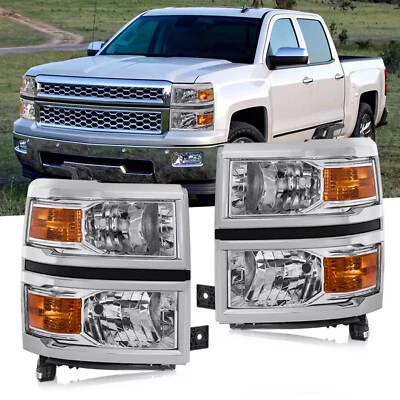 For 2014-2015 Chevy Silverado 1500 Chrome Pair Headlights Headlamps Left + Right - Image 1 of 4