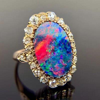 Antique 12k Old European-Cut Diamond & Black Opal Halo Yellow Gold Ring Sz 5.75 - Image 1 of 4