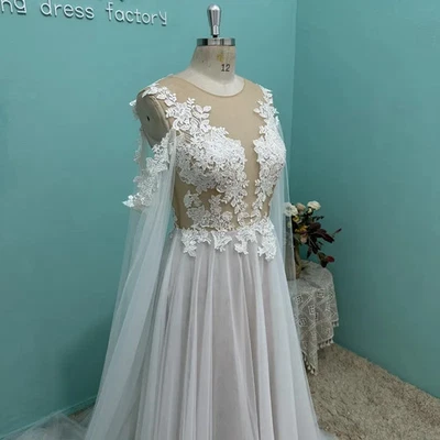 Sexy Illusion Lace Appliques Beach Wedding Dress Boho Tulle Sleeve Bridal Gowns  - Image 1 of 4