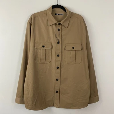Zara Overshirt Shirt Jacket w/ Pockets Mens XL Poly Wool Tan Brown Collared - Image 1 of 4