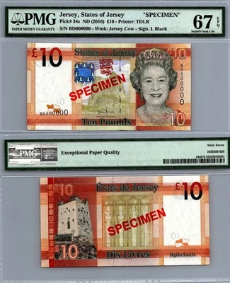 Jersey 10 libras 2010 ESPECIMEN PMG 67 EPQ EXCELENTE GEMA SIN CIRCULAR Pick # 34a Foto 1 de 2