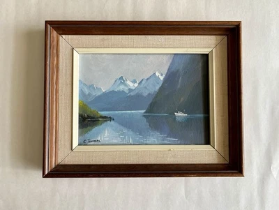Vintage Framed Coastal Landscape Oil Painting 'Gray Boat' by E. Thomas 7.5 X 9.5 - Image 1 of 4
