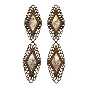 VTG Burwood Products Diamond Shape 4 Wall Plaques Rattan Look Rustic USA 70s - Picture 1 of 24