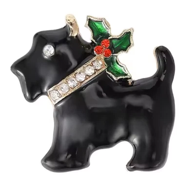Perro Scottie de Navidad - Broche Esmalte Estrás Acebo Prendedor, Joyería de Navidad Regalo Foto 1 de 4