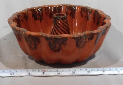 Rare antique redware bundt cake mold manganese splotch  early 19th c. pudding - Image 1 of 4