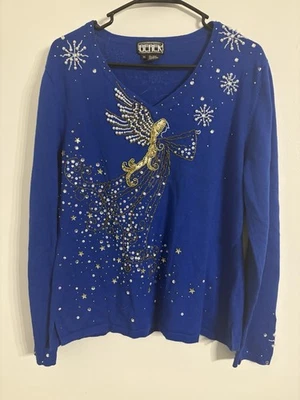 Suéter Berek XL Azul Ángel Navidad Joyas Lentejuelas Cuentas Copo de Nieve Vacaciones Foto 1 de 4