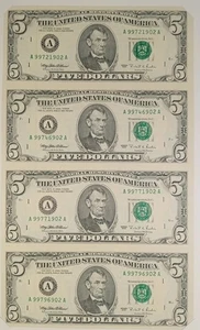 1995 $5 4 Note Uncut Sheet UNC Boston - Picture 1 of 3