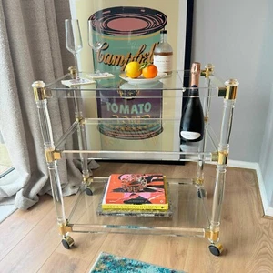 1970s Lucite And Brass Bar Cart Drinks Trolley Hollywood Regency Glam - Picture 1 of 3