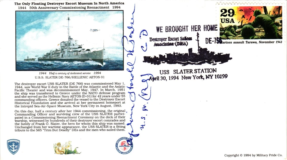 1994 USS Slater WW2 Destroyer SIGNED BY HAROLD POULSEN EXECUTIVE OFFICER IN 1945 - Image 1 of 1