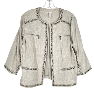 Blazer Chicos Mezcla de Lino Talla 2 Beige Frente Abierto Estampado Piel de Serpiente Ribete Grande Foto 1 de 4