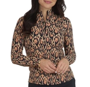 Nueva Camisa Top IBKUL Gemma Cremallera Cuello Simulado Ropa Activa UPF 50+ Leopardo Talla Pequeña - Imagen 1 de 7