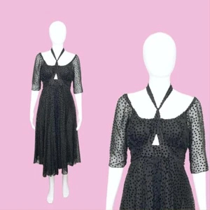 Y2K BETSEY JOHNSON NEW YORK Swiss Dot. Keyhole Cutout & Adjustable Tie Dress. S - Picture 1 of 10