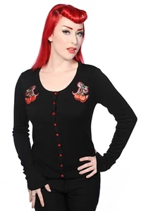 Women's Black Rockabilly Retro Punk 50's Emo Pinup Cherry Bow Cardigan BANNED - Picture 1 of 1