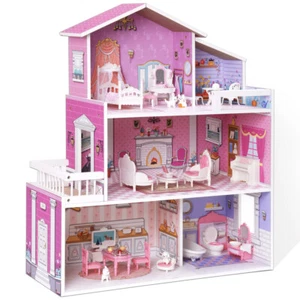 Wooden Dollhouse for Kids with 24pcs Furniture Preschool Dollhouse House Toy - Picture 1 of 6