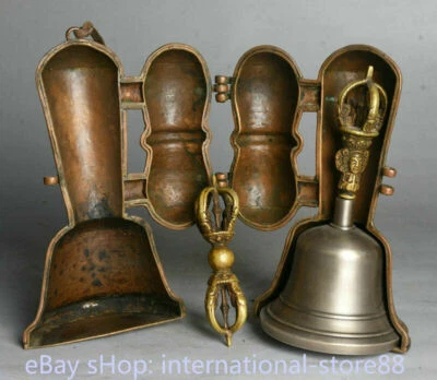 7.2 inch Old Tibetan Copper Gilt Meteorite Phurba Dagger Holder Vajira Bell Box - Image 1 of 4