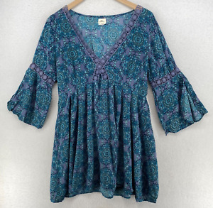 O'NEILL Dress Large Mini Boho Floral Lace Trim Cut Out 3/4 Sleeve Pleated Blue