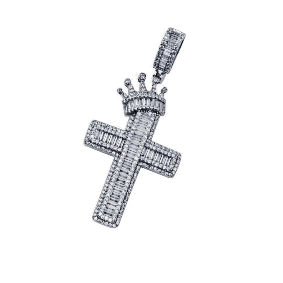 Colgante Cruz Corona Rodio Plata 925 Circonita Helada Hip Hop Helado Collar Colgante Foto 1 de 2