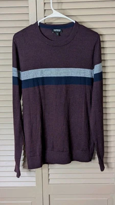 Express Men’s Marino Wool Blend Sweater Maroon Stripe Size M Comfy And Soft - Image 1 of 4