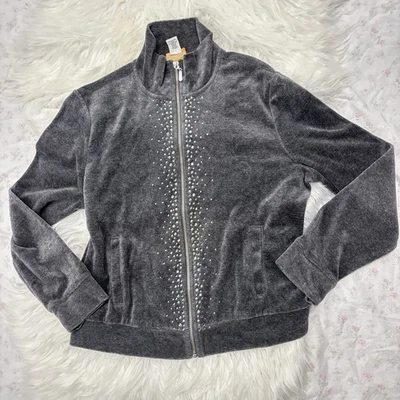 Y2K Vintage Embellished Velour Zip Track Grey Jacket Mcbling Gyaru Gal Acubi VTG - Image 1 of 3