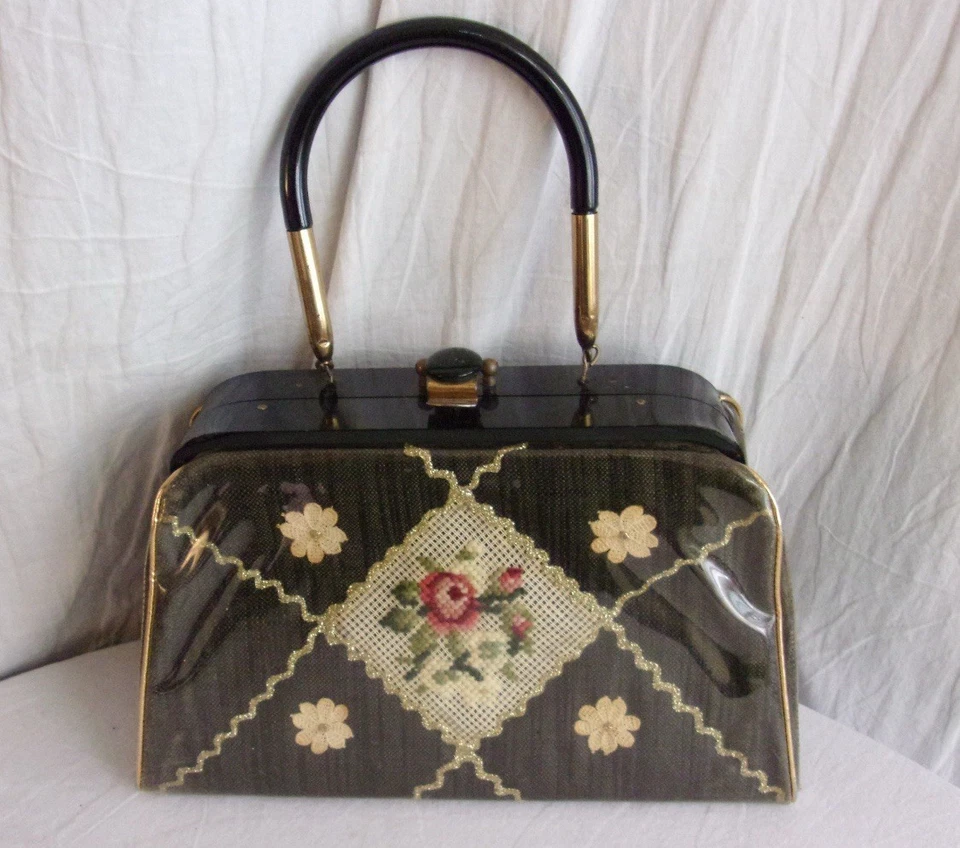 Bolso Cartera Caja Aguja Negro Vinilo Lucite & Patent Años 50 De Colección. Foto 1 de 4