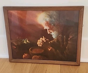 VTG SILENT PRAYER Boobis Framed Print Saying Grace Grateful Old Man - Picture 1 of 6