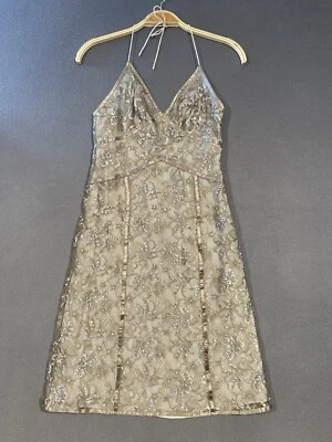 Express Silver Lace Dress Women Size 2 Floral Satin Trim Cocktail Halter Empire - Изображение 1 из 4