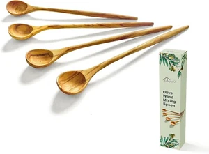 4 Pack 100% Natural Olive Wood Long Handle Spoons for Coffee & Cocktail Stirrer - Picture 1 of 6