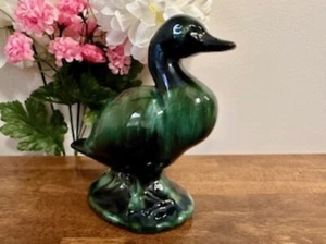 Vintage Blue Mountain Pottery Duck Figurine Canadian Green Drip Glaze Bird Goose - Picture 1 of 4
