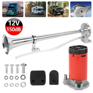 12V Single Trumpet Air Horn Kit 150dB Super Loud Truck Lorry Boat Train 17 Inch - Picture 1 of 11