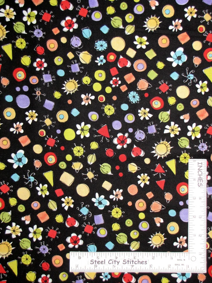 Tela de algodón negra con lunares florales geométricos Joy Dog de Loralie Designs por yarda Foto 1 de 1