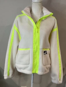 Puma Women’s Sherpa Fleece Jacket Off White/Neon Yellow Sz L NWT - Picture 1 of 8