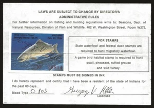 USA 1993 INDIANA License for Resident HUNTING & FISHING Revenue Trout Stamp #44 - Picture 1 of 2