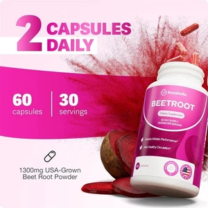 60Caps Rosabella Organic Beet Root Capsules Natural Energy Boost Blood Pressure - Picture 1 of 10