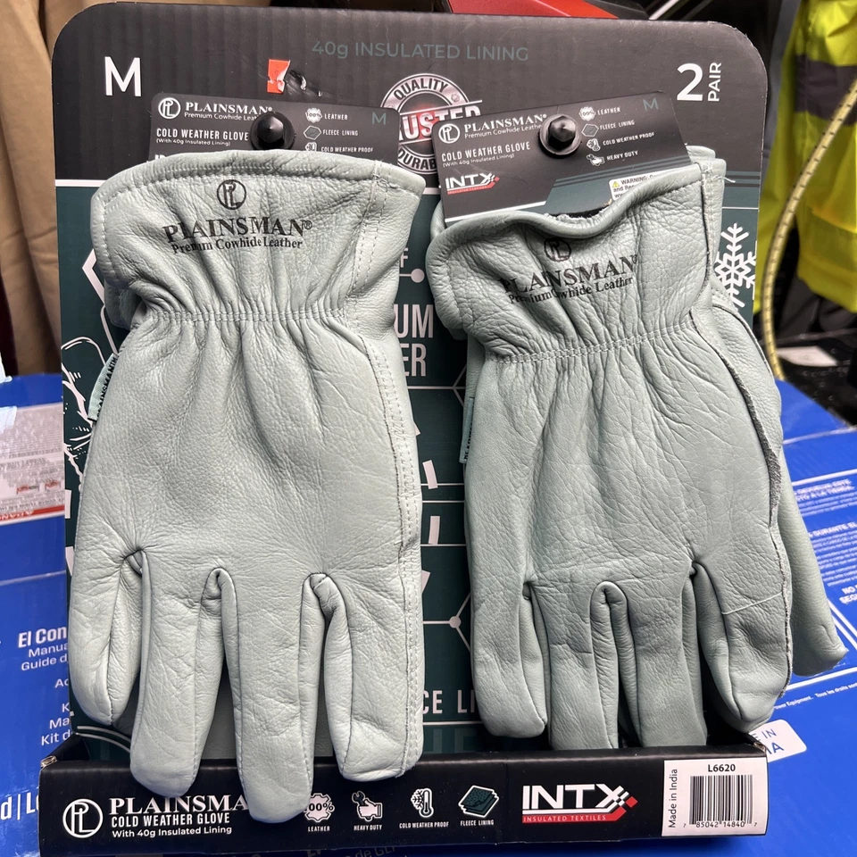 Guantes de trabajo de cuero de vaca Plainsman forrados de vellón de alta resistencia para clima frío, 2 pares Foto 1 de 1