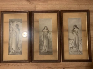 Edwardian 1910 Allegorical Maiden Prints Set Original Oak Frames Antique - Picture 1 of 8