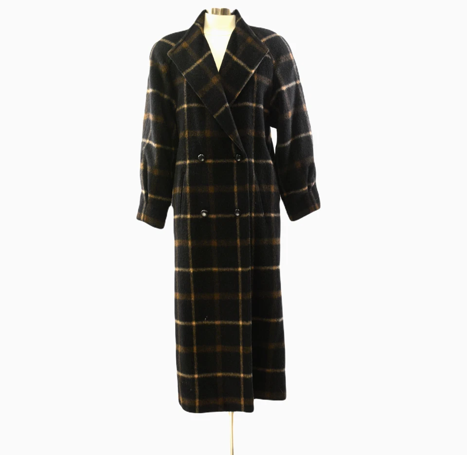 90s Alpaca Wool Pleated Plaid Coat Long Coats Steampunk Womens Coat Small S - Image 1 of 4