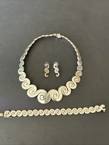 Vintage 1975 Mexikanischer Modernist Sterlingsilber Welle Halskette Armband Ohrringe Set - Bild 1 von 13