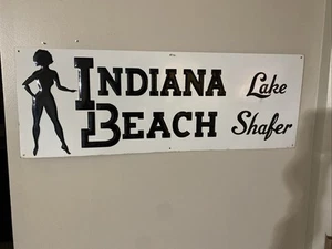 Vintage Indiana Beach Lake Shafer Embossed Tin Amusement Park Sign 10X27 - Picture 1 of 13