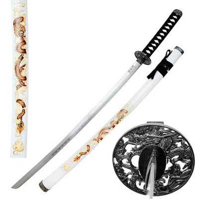 Vaina de plástico blanco con diseño de impresión de dragón de 39,5" hoja de acero al carbono Samurai Swo Foto 1 de 4