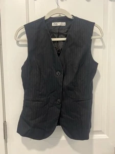 Chaleco Abrigo Zara Mujer Ajustado Cintura Abotonada Talla S Azul Marino Rayas - Imagen 1 de 4
