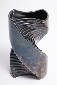 Unusual Vintage Iridescent Twisted Spiral Stepped Pottery Vase Made in Italy MCM - Picture 1 of 24