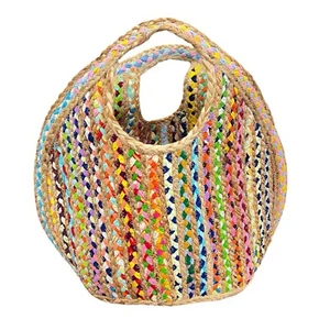 Antik Kraft Woven Ruhi Jute Straw Recycled Fabric Rainbow Handbag Colorful Art - Picture 1 of 8