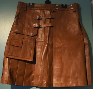 Excellent Quality Genuine Brown Cow Leather Quality Mans Pleated Kilt Wraparound - Picture 1 of 6