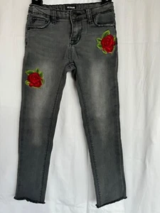 Hudson gray jeans with red roses embroidered on front, adjustable waist, girls 6 - Picture 1 of 4