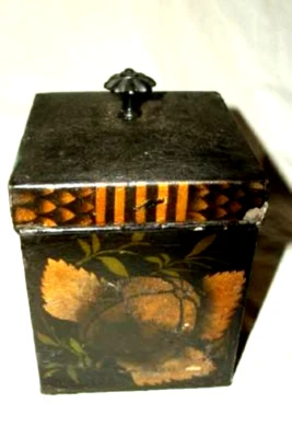 Bote de té de cocodrilo americano Toleware de la década de 1870 HP fruta dorada primitiva firmado Foto 1 de 4