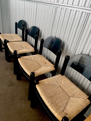 mid century modern Hank Loewenstein rush seat chairs Green Grain Wood 70’s Set4 Cover