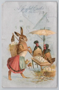 Joyful Easter Anthropomorphic Bunny in Dress and Chickens Selling Eggs Postcard - Picture 1 of 2