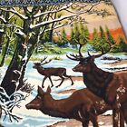 Tapis mural vintage tapisserie de velours cerf mâle en bois enneigé forêt coucher de soleil 56 x 38 