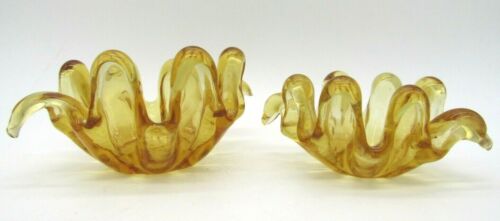 Vintage ART GLASS 2 Amber Bowls Pulled Fingers/Petals Mid Century Votives